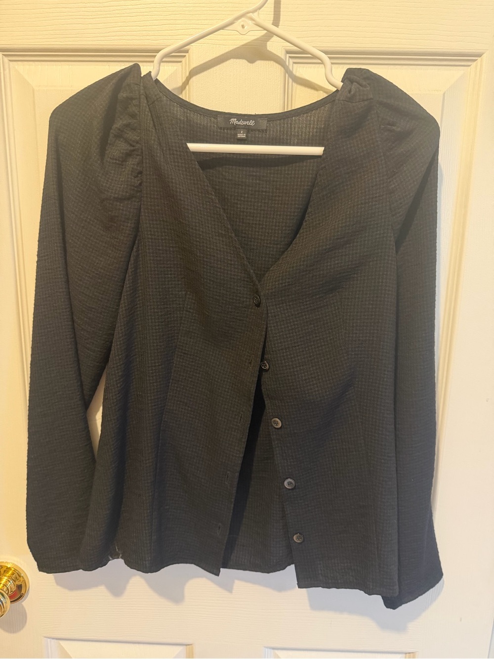 Madewell Black Textured V-Neck Button-Up Blouse